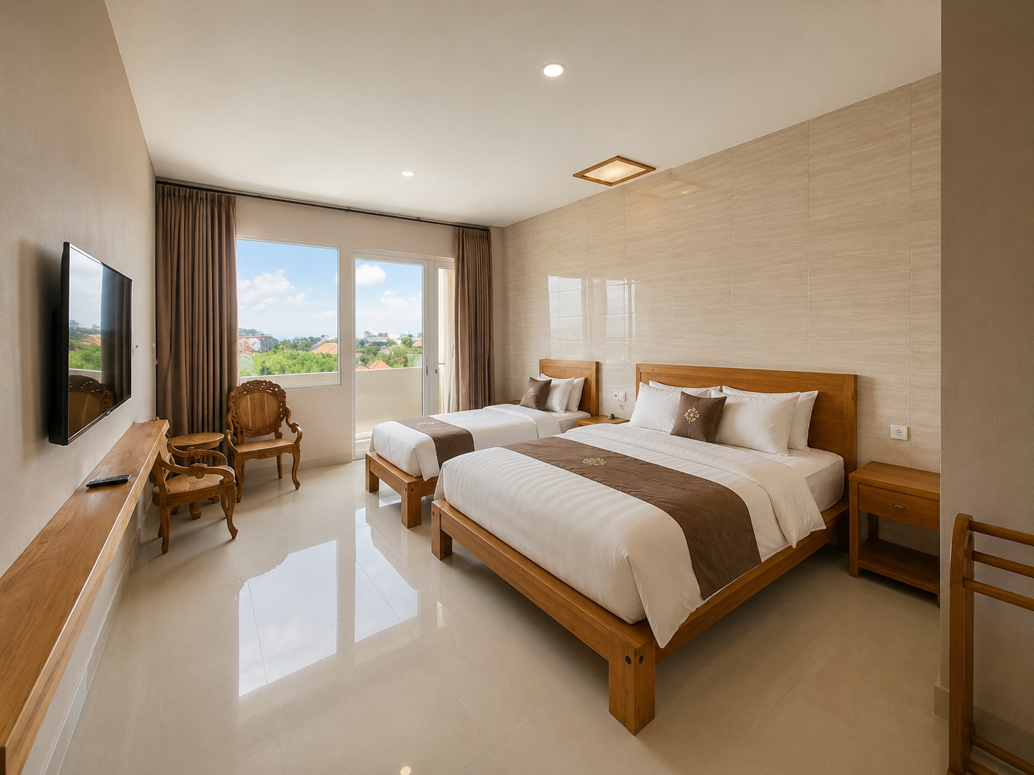 Casa Roca Canggu - boutique guest house interior with teak wood furniture and tropical garden