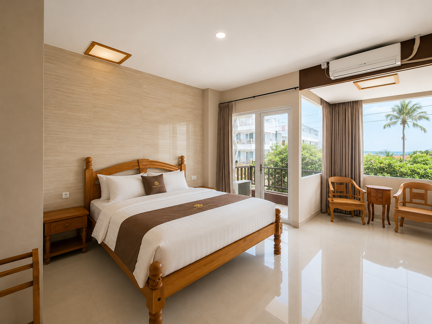 Superior Room at Casa Roca Canggu — teak wood furniture, private balcony, en-suite bathroom